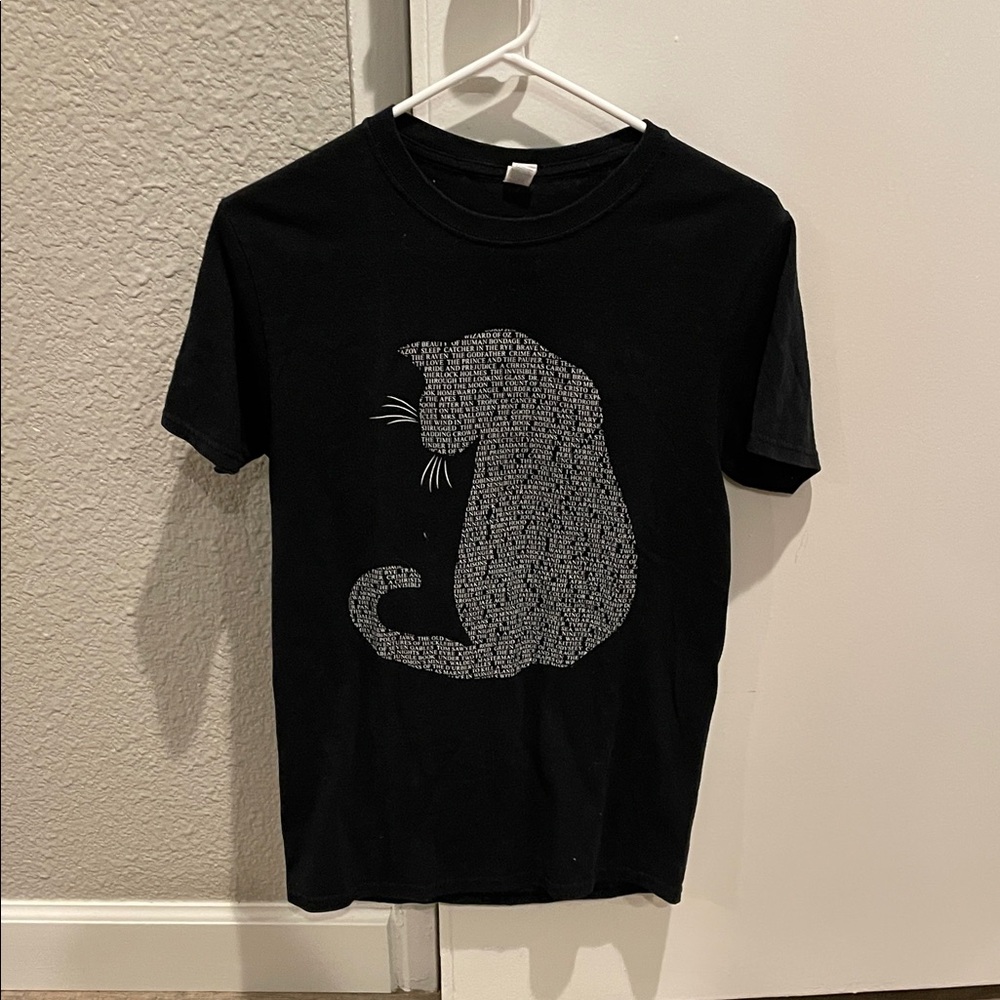 Black Shirt w White Cat Silhouette Designed w Book Titles!